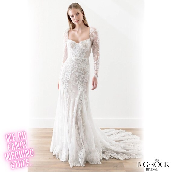 Modern Lace Wedding Dress with Sleeves, Boho Wedding Dresses, Rustic Bridal Dresses, Plus Size Wedding Gowns, Fit and Flare Dress