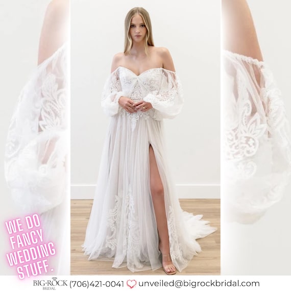 Off-the-Shoulder Boho Wedding Dress with Sleeves, Modern Lace Wedding Gown, Plus Size Bridal Gown, Ivory Bridal Dress