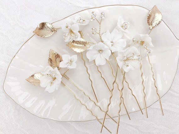 Gold Floral Wedding Hairpin Set for Bride, Flower Hairpiece