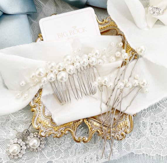 Pearl Silver or Gold Wedding Hairpiece, Hairpin Set for Bride