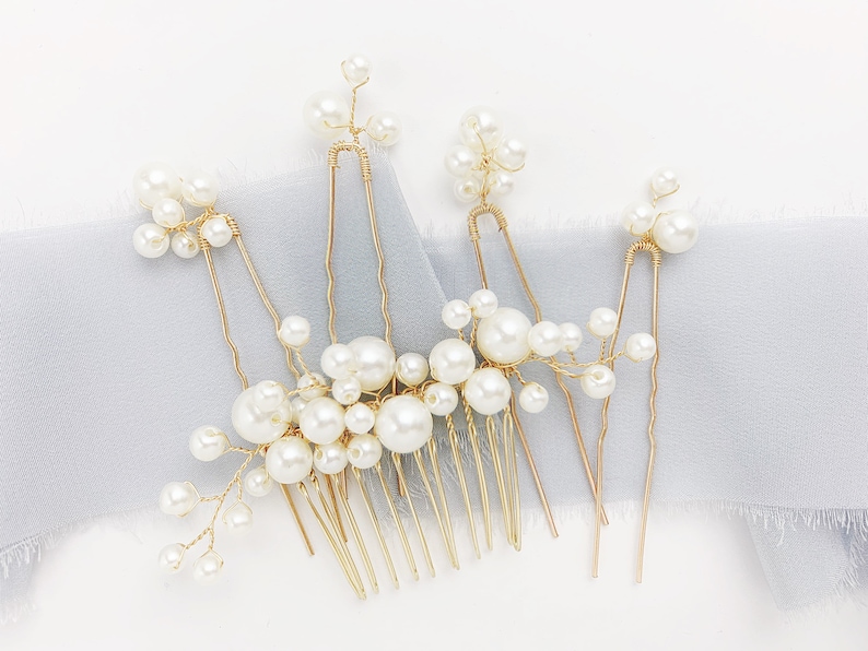 Pearl and Gold Bridal Hair Comb Pearl Hair Piece for Wedding Pearl Bridal Headpiece Silver or Rose Gold Wedding Headpiece for Bride image 7