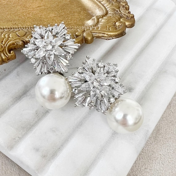 Large Pearl Statement Wedding Earrings, Pearl Bridal Earrings, Pearl Wedding Jewelry, Silver Stud Earrings, Bride to Be Wedding Accessories
