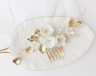 Gold Leaf and Floral Hair Comb, Wedding Hairpiece, Bridal Hairpiece