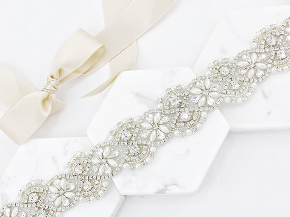 UK Luxury Vintage Crystal Bridal Sash Rhinestone Pearl Beaded Wedding Dress Belt 