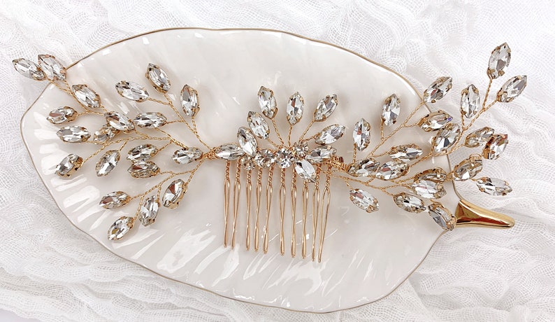 Gold Crystal Wedding Hair Piece Elegant Gold Bridal Headpiece USA Large Crystal Gold Bridal Hair Comb Gold Wedding Hair Comb for Bride image 3