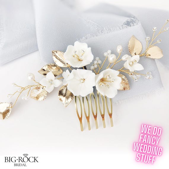 Boho Gold Floral Headpiece, Flower Wedding Hair Comb, Bridal Hair Piece, Bride to Be Wedding Hair Accessories, Gold Wedding Headpiece