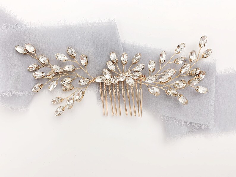 Gold Crystal Wedding Hair Piece Elegant Gold Bridal Headpiece USA Large Crystal Gold Bridal Hair Comb Gold Wedding Hair Comb for Bride image 2