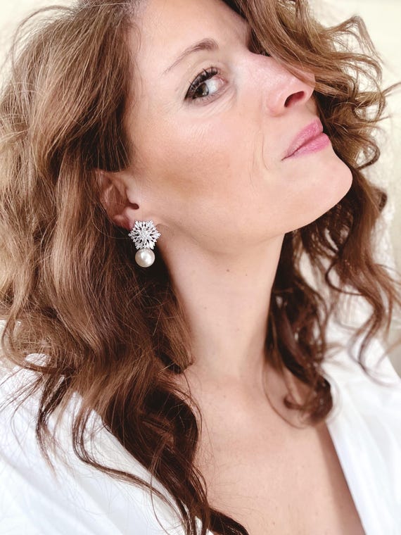 Large Statement Earrings for Bride to Be, Modern Pearl Studs, Chunky Bridal Earrings, Silver Pearl Earrings, Wedding Jewelry Accessories
