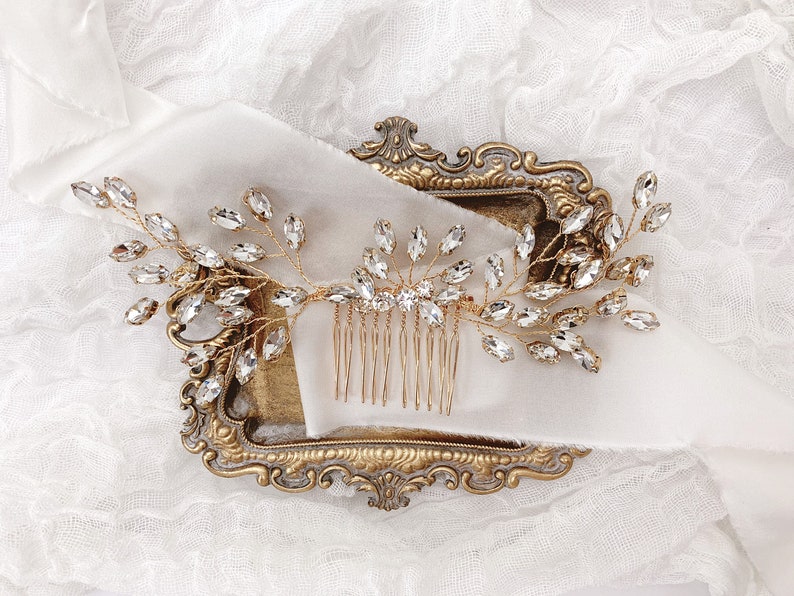 Gold Crystal Wedding Hair Piece Elegant Gold Bridal Headpiece USA Large Crystal Gold Bridal Hair Comb Gold Wedding Hair Comb for Bride image 5