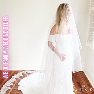 Two Tier Lace Wedding Veil with Blusher, Cathedral Wedding Veil, Lace Trim Bridal Veil, Bridal Accessories, Long Off White Veil