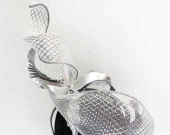 Silver Spiral Angled Veil - Feather Headpiece with Bobs - Millinery by Amy Fowler