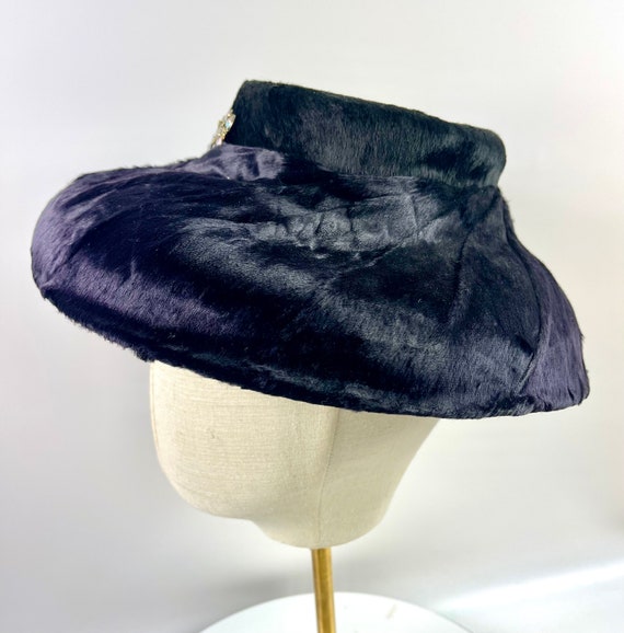 Vintage Millinery Black Fur Hat with Broach - image 2