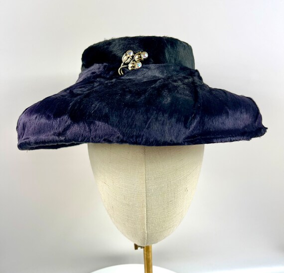 Vintage Millinery Black Fur Hat with Broach - image 1