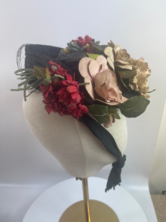 Victorian Edwardian Hat Millinery Black Straw Fel… - image 1