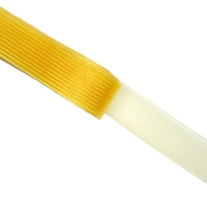 May include: A diagonal view of two ribbons. The top ribbon is a bright yellow, with a woven texture. The bottom ribbon is a pale yellow, with a mesh-like texture. Both ribbons are against a white background.