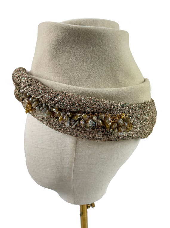 Vintage Hat Ivory Felt with Gold Wrap and Beaded … - image 3