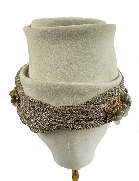 Vintage Hat Ivory Felt with Gold Wrap and Beaded … - image 4