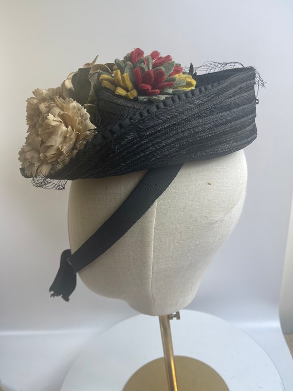 Victorian Edwardian Hat Millinery Black Straw Fel… - image 3