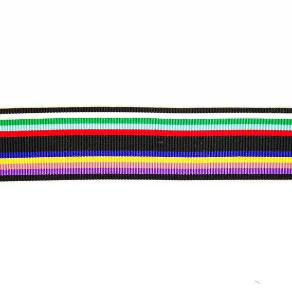 Vintage Ribbon Washable Acetate Black with Multicolor Stripes 1 3/8" Wide - Sold by the Yard