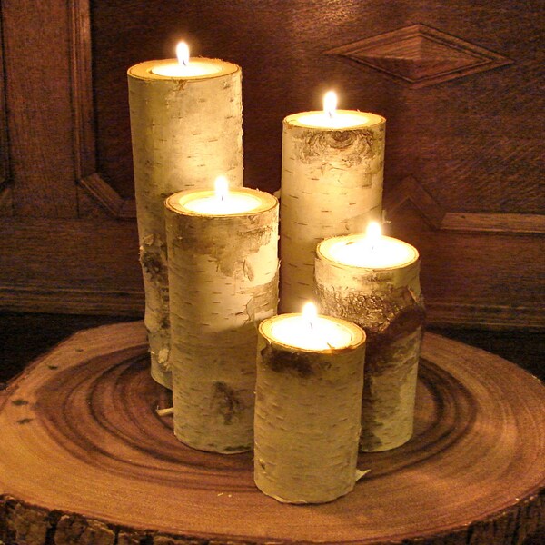 Beautiful Birch Bark Tea Light Candle Holders - Set of Five