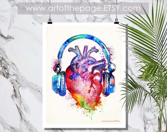 Music print, "Heartbeat - 02", poster, canvas, DJ print, Hip Hop art,  Heart Headphones, Heart Music print, Anatomy print,Heart art, Rap art