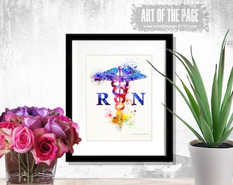 Watercolor Registered Nurse Art Print: Caduceus Medical Decor (8.5"x11")