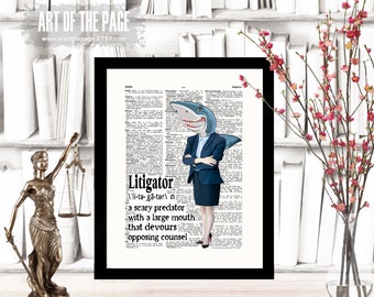 Lawyer print, "LitiGator- Woman - Shark, Definition",  Lawyer Gift, Funny Lawyer print, Pass the Bar gift, Law Office Decor, Attorney gift