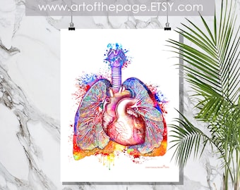 Watercolor Heart and Lungs Anatomy Print: Medical Art