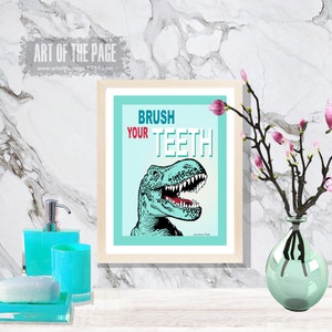 Impresión de baño infantil, "Cepíllate los dientes", impresión de 8,5" x 11", arte para habitación infantil, póster de motivación para niños, divertido T-Rex, decoración para habitación infantil