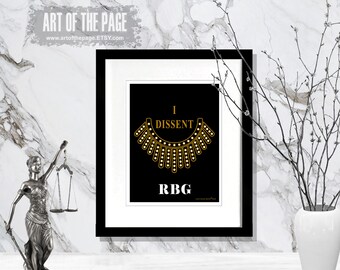 RBG print, "I DISSENT - Ruth Bader Ginsburg", 8.5"x11" print, Dissent Collar, Jabot, Lawyer Gift, Pass the Bar gift, Law Decor, Judge gift