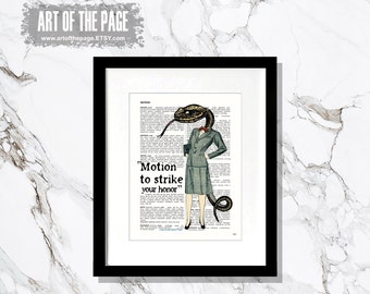 May include: A vintage dictionary page with a woman's body and a snake head. The text on the page reads "Motion to strike your honor".