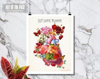 Anatomy Medical print, "Let Love Bloom - Heart Flowers", 11" x 14",Registered Nurse Gift, Nurse Graduation gift, Vintage Anatomy Heart print