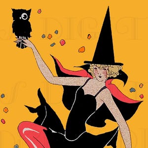 Illustrazione di Halloween di una strega flapper: Vintage Bridge Tally Art (download digitale)