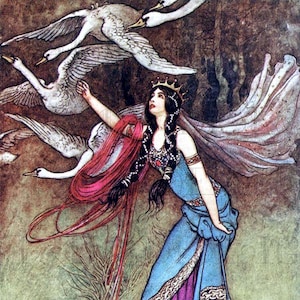 De zes zwanen. Prachtige prinses met zwart haar. Vintage sprookjeillustratie. Vintage digitale download. Vintage digitale afdruk. Warwick Goble