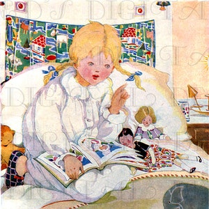 Anne Anderson Illustration: Girl Reading to Dolls Vintage Art (Digital Download)