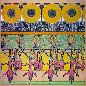 Mucha NOUVEAU Flower Design Pattern! FUSHIA, Sunflowers Image. Vintage Arts and Crafts Illustration Digital MUCHA Download Art Nouveau Print