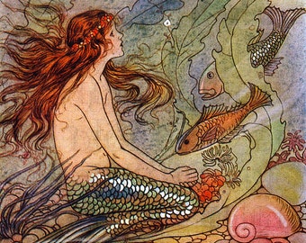 Die kleine Meerjungfrau unter den Fischen Vintage Illustration: Märchen Kunstdruck (Digitaler Download)