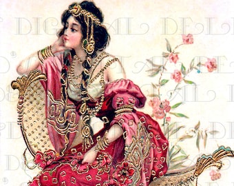 RARE! Amazing NOUVEAU Lady In Red! Digital Edwardian Lady Download. Vintage Art Nouveau Digital Download. Printable Flower Image.