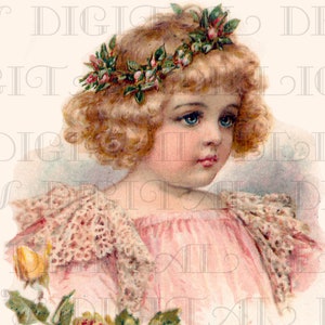 Ilustración vintage de una dulce niña victoriana con rosas. Descarga digital de una niña victoriana vintage. Descarga digital de una niña victoriana. Imagen imprimible.