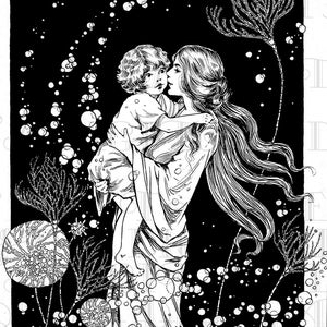 Mother MERMAID and Child. Fairy Tale Vintage DIGITAL Illustration. Mermaid Digital Download. Mermaid Digital PRINT.