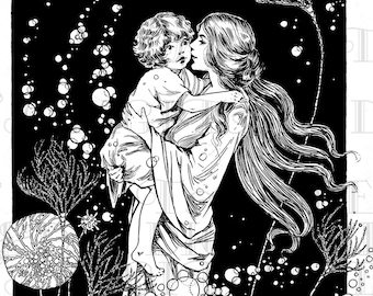 Mother MERMAID and Child. Fairy Tale Vintage DIGITAL Illustration. Mermaid Digital Download. Mermaid Digital PRINT.