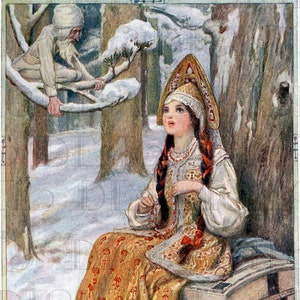 Illustration numérique vintage enchanteur rare de Jack FROST et de princesse russe. Téléchargement numérique vintage de Noël. Illustration de conte de fées.