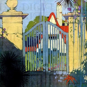 Puede incluir: Una puerta de madera azul con un techo rojo detrás. La puerta está rodeada de exuberante vegetación y flores.