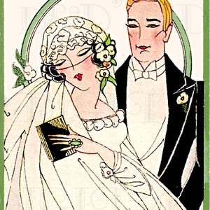 Art Deco-illustratie bruid en bruidegom uit de jaren 1920: vintage bruiloft (digitale download)