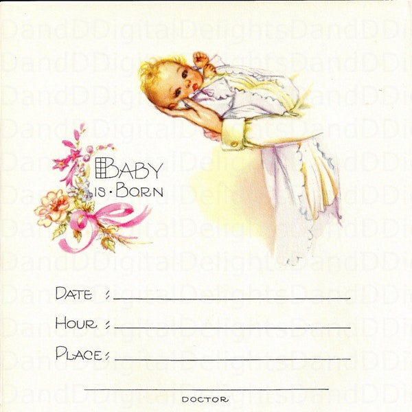 Absolutely Gorgeous Color Illustration and Text from a Vintage Baby Record Book.  Digital ILLUSTRATION Download.