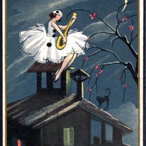 Aguileña, Gato Negro en el Tejado. Ilustración de postal vintage. Descarga digital. Impresión digital. Una de nuestras ofertas: 1,35 descargas.