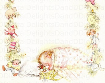 Absolutely Beautiful Color Illustration of a Baby Sleeping from a Vintage Baby Record Book.  Digital ILLUSTRATION Download.