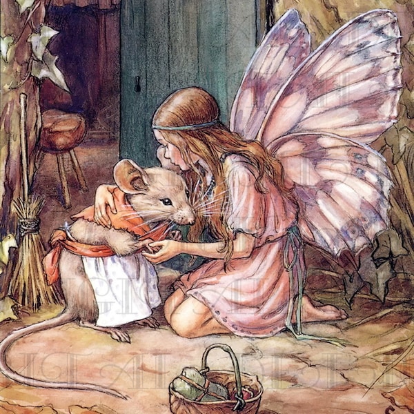 Sweet FAIRY With Mama MOUSE! Vintage Fairy Illustration. Digital Fairy Download. Digital Fairy Printable Image. Cecily Mary Barker