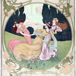 Art NOUVEAU Dancing For Spring! Small VINTAGE Spring Illustration. Art Nouveau Digital Download. Vintage Art Nouveau Digital Print