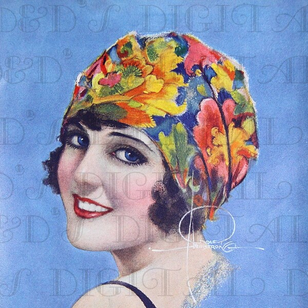 Bobbed Hair Flapper! with Hair Scarf!  Vintage Art Deco Illustration. Deco Digital Download. Deco Flapper Download. Rolf Armstrong!